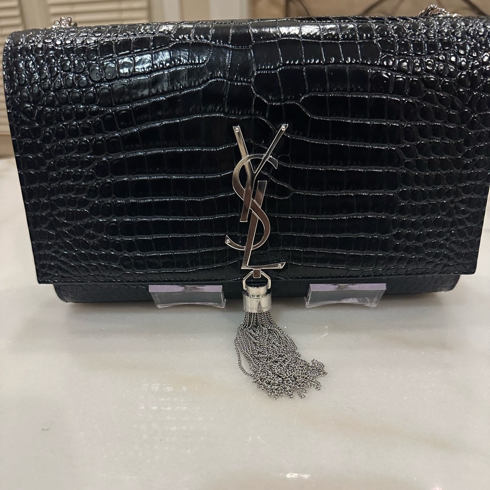 Saint Laurent Black Croc Medium Kate Tassel Chain Bag. Price is FINAL
